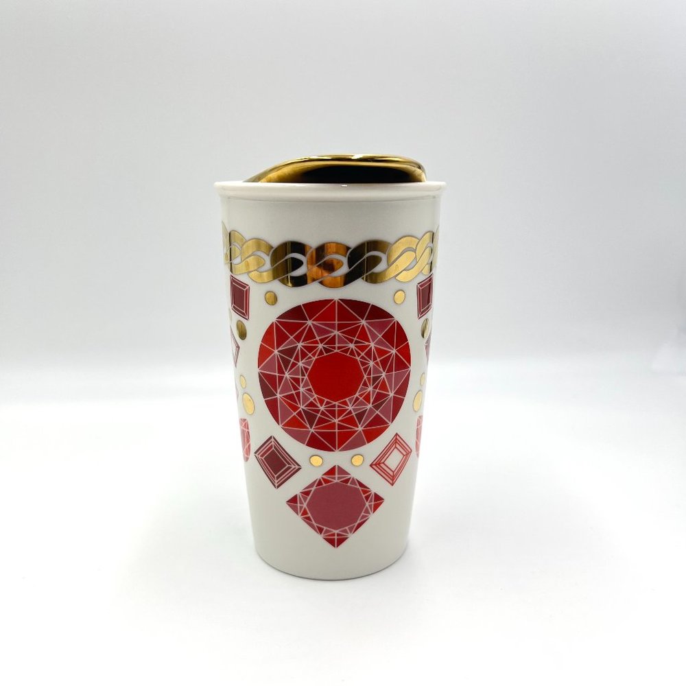 2014 Starbucks Ceramic Red Jewel Gold Lid Chain Tumbler Ruby Gems Coffee Cup